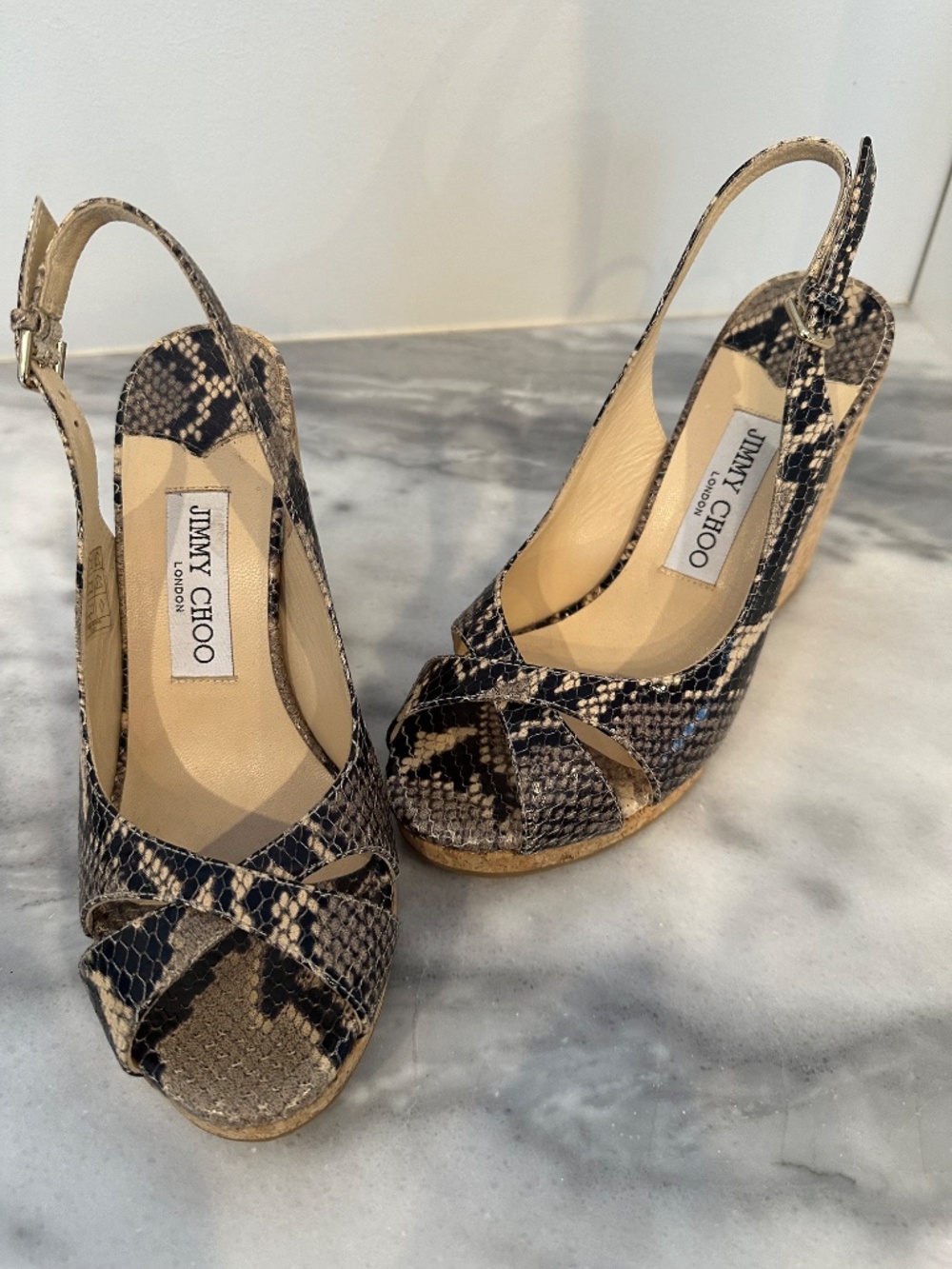 Jimmy Choo Slingback Snakeskin Platform Wedges Size 38